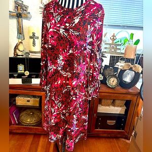 Summer Reds Pinks Nine West Ruffle Comfortable Stretch Jersey Floral Dress 12
